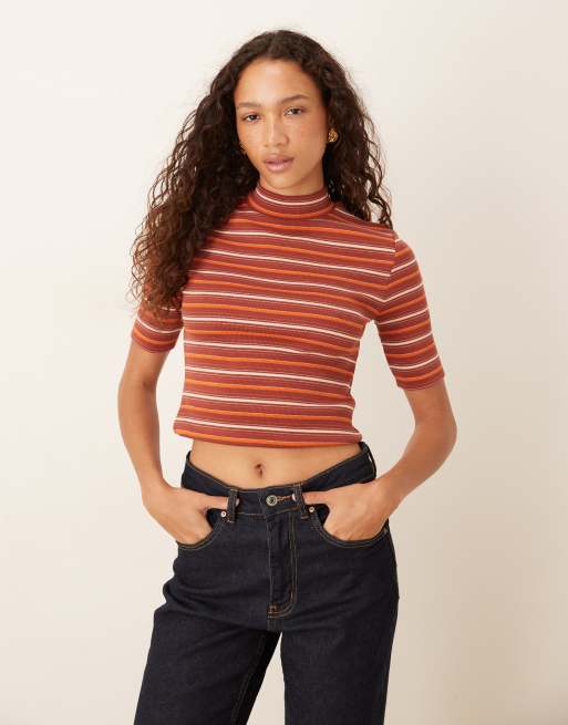 ASOS DESIGN mini rib high neck top with half sleeve detail in