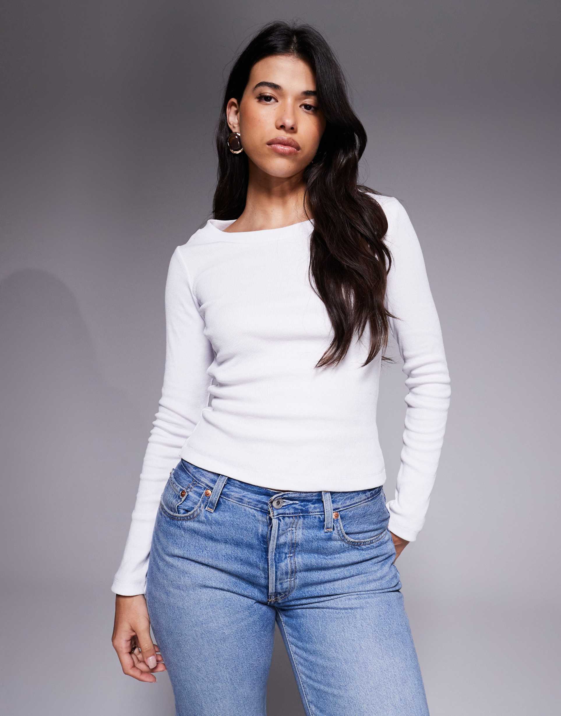 asos design mini rib high wide scoop top in ivory