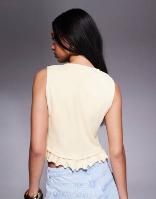 Asos Design Mini Rib Knit Button Up Top With Mini Frill Hem In Yellow