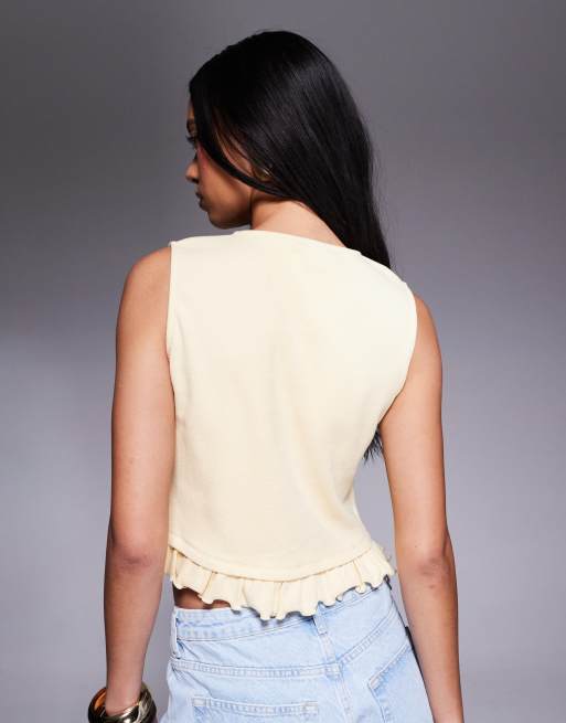 ASOS DESIGN mini rib knit button up top with mini frill hem in buttermilk
