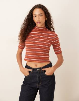 Asos Design Mini Rib Knit High Neck Top With Half Sleeve Detail In Multi