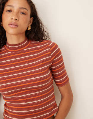 Asos Design Mini Rib Knit High Neck Top With Half Sleeve Detail In Multi