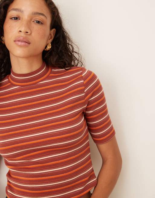 ASOS DESIGN mini rib knit high neck top with half sleeve detail in stripes