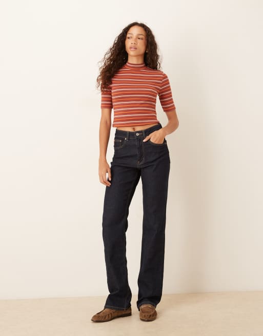 ASOS DESIGN mini rib knit high neck top with half sleeve detail in stripes