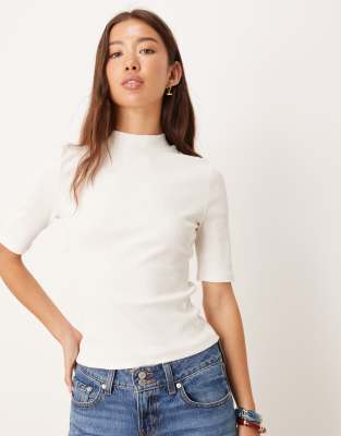 Asos Design Mini Rib Knit High Neck Top With Half Sleeve Detailing In White