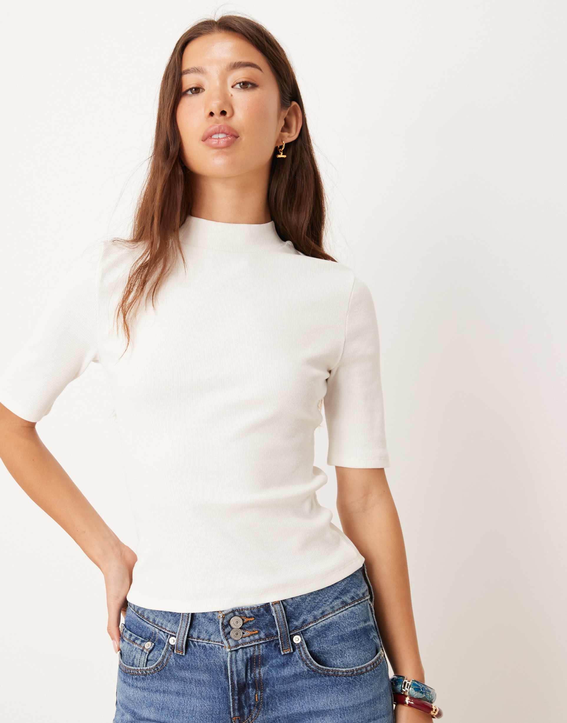 asos design mini rib knit high neck top with half sleeve detailing in ecru