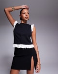 [ASOS DESIGN] ASOS DESIGN mini rib monochrome button through top with frill shoulder in black M BLACK