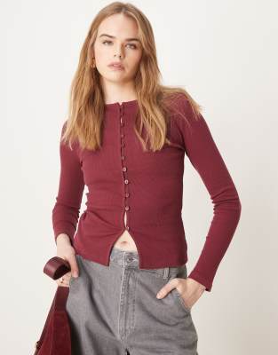 mini rib shrunken cardigan in burgundy-Red