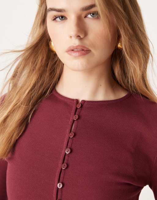ASOS DESIGN mini rib shrunken cardigan in burgundy