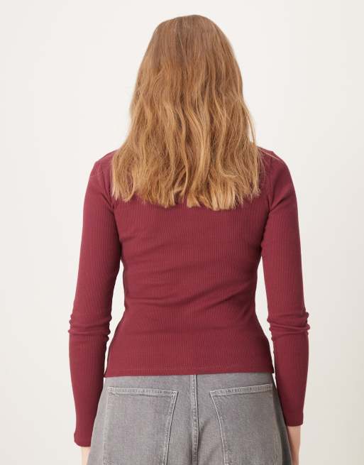 ASOS DESIGN mini rib shrunken cardigan in burgundy