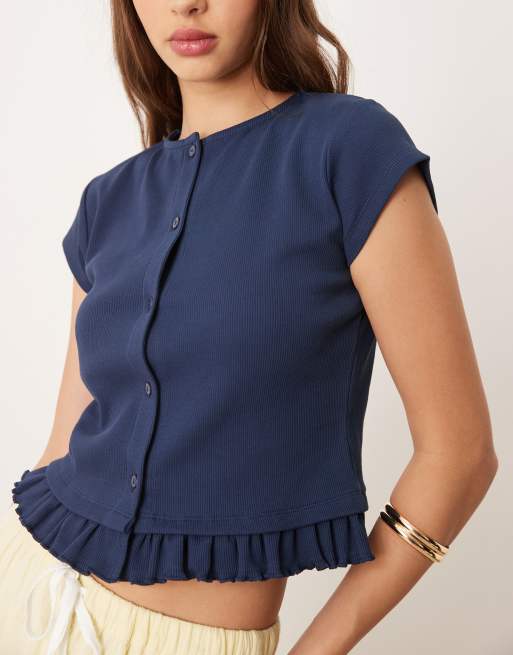 ASOS DESIGN mini ribbed button up short sleeve top with frill detail in navy