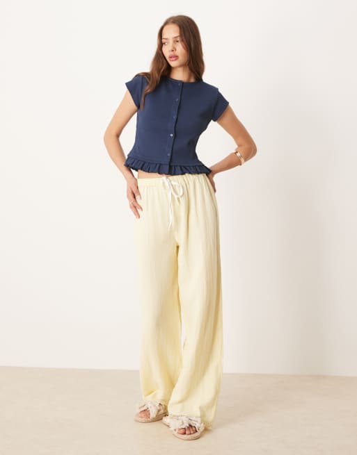 ASOS DESIGN mini ribbed button up short sleeve top with frill detail in navy
