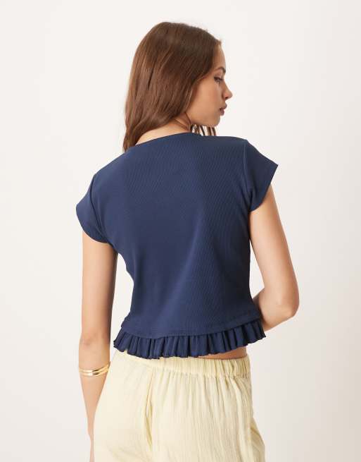 ASOS DESIGN mini ribbed button up short sleeve top with frill detail in navy