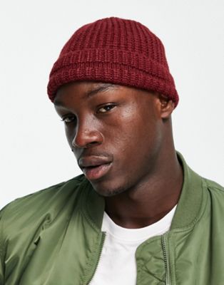 ASOS DESIGN mini ribbed fisherman beanie in burgundy with turn up detail