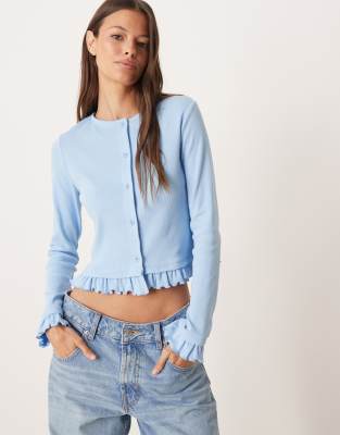 Asos Design Mini Ribbed Frill Hem Button Up Top In Blue