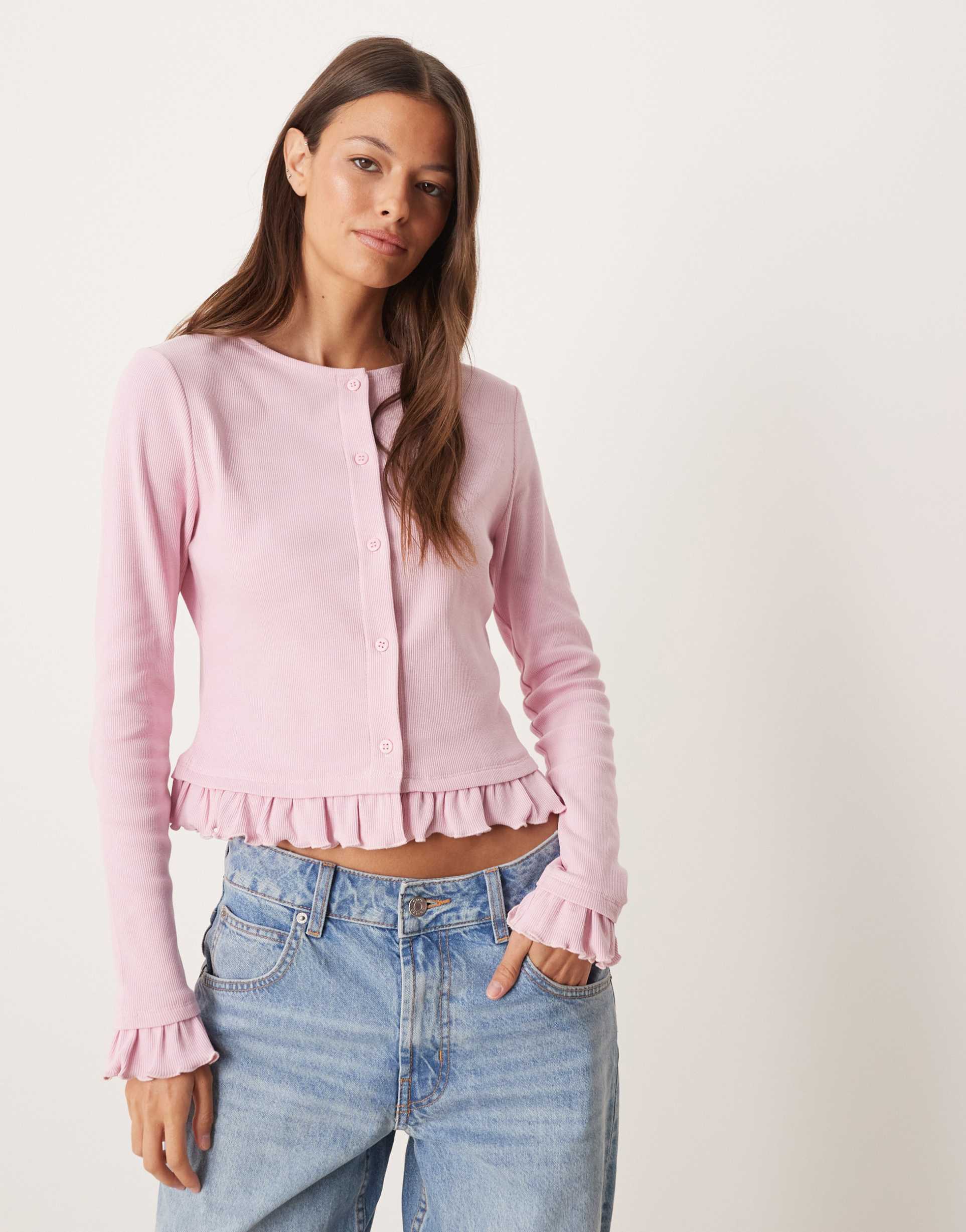 asos design mini ribbed frill hem button up top in pink