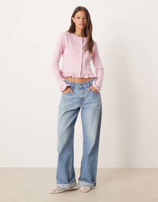 Asos Design Mini Ribbed Frill Hem Button Up Top In Pink