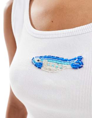 ASOS DESIGN mini ribbed tank top with beaded fish in white