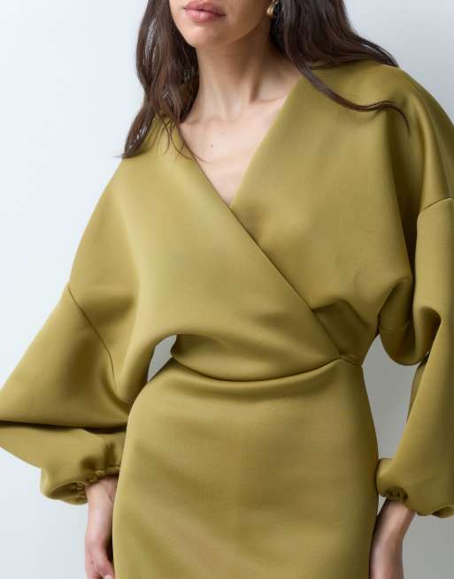 ASOS DESIGN mini-robe à manches ballon en tissu façon scuba kaki, 4 de 5
