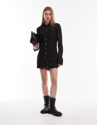 Mini-robe chemise transparente avec détail en sergé contrastant - Noir 42