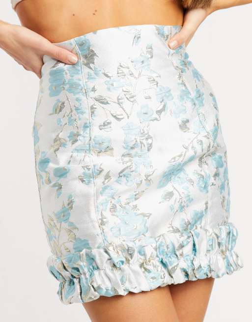 ASOS DESIGN - Mini-rok met ruches langs zoom in bloemenjacquard