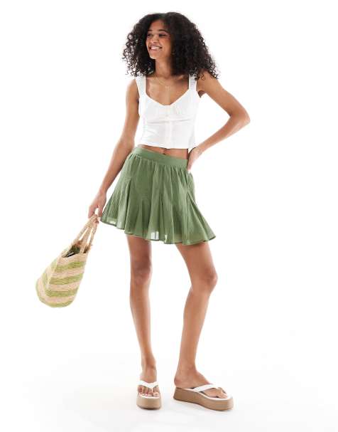 ASOS DESIGN - Mini rok van katoen met godetplooien in kaki - view 1