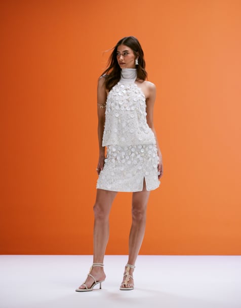 ASOS DESIGN - Mini rok van linnenmix met versiering van imitatieschelp en lovertjes in crème, deel van co-ord set - view 1