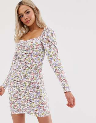 floral ruched mini dress