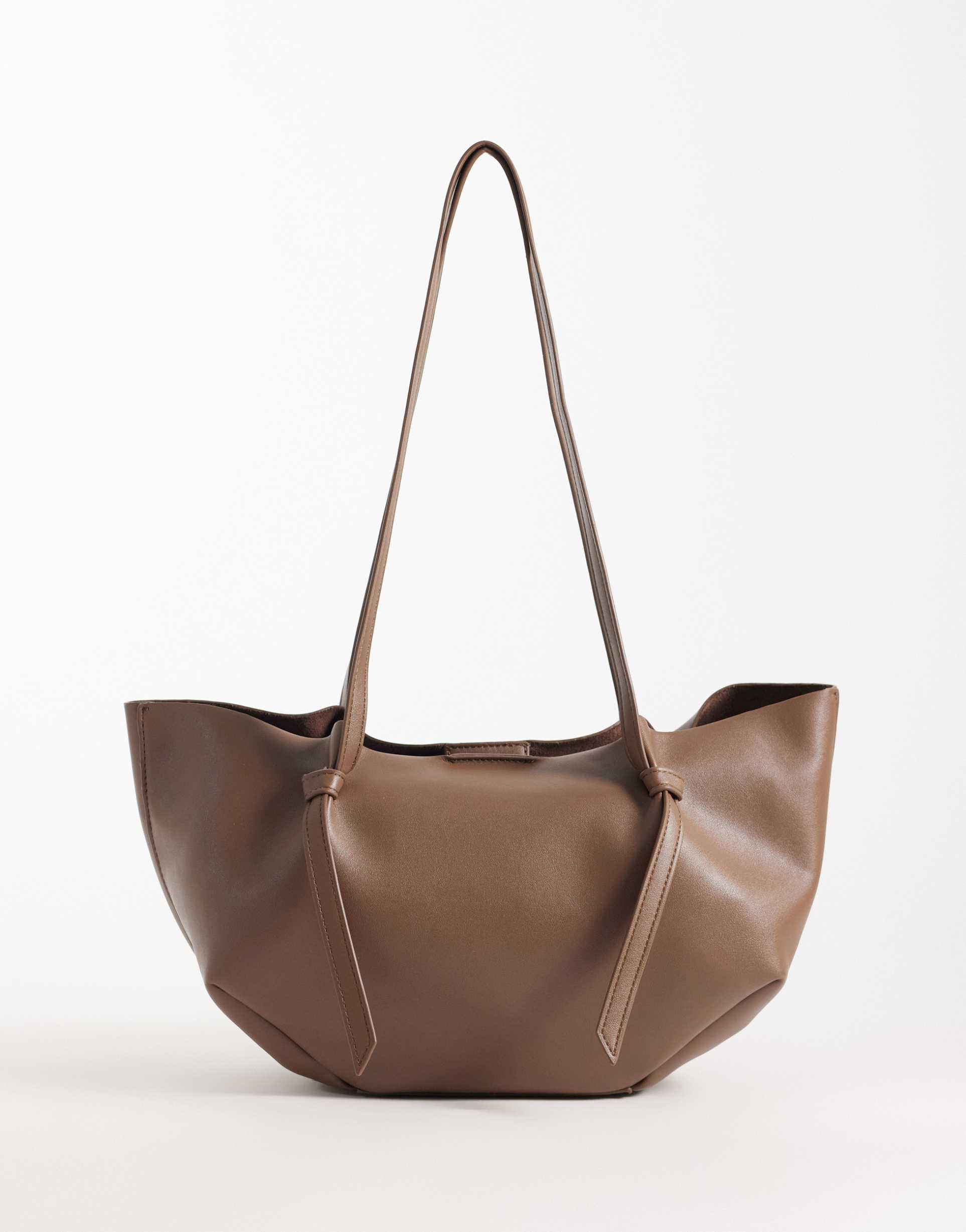 asos design mini scoop pinched tote with internal pouch in brown