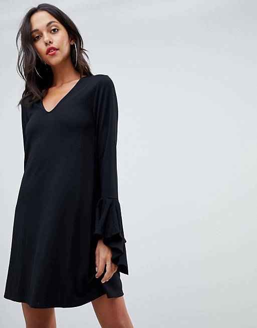 ASOS DESIGN mini shift dress in ponte with long sleeves and frill cuffs ...