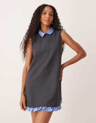 Asos Design Mini Shift Dress With Contrast Shirt Collar And Hem In Gray