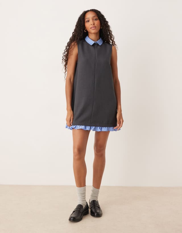 grey collar dress ASOS DESIGN mini shift with contrast shirt and hem in gray Ruffled
