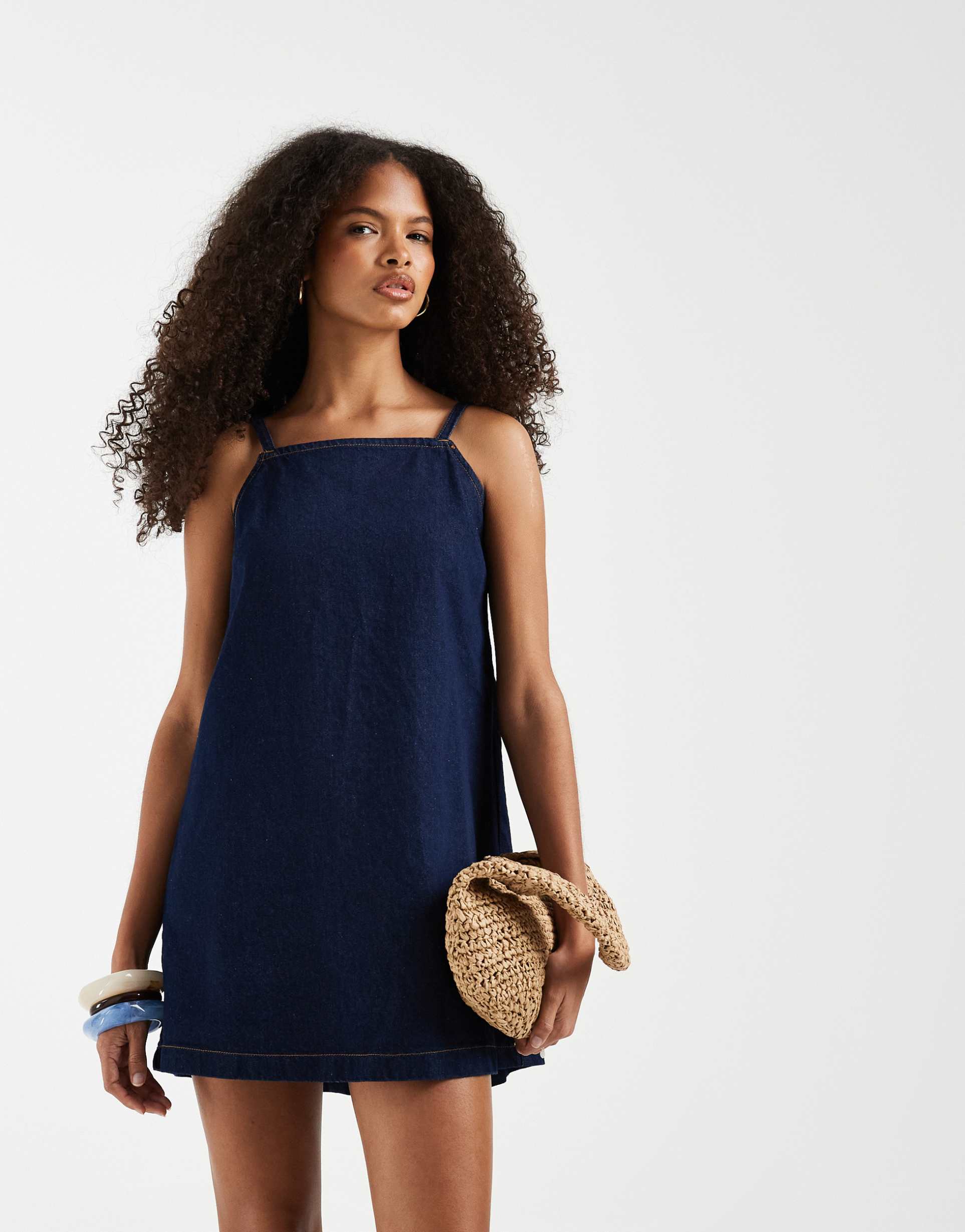 asos design mini shift dress with deep v-back in blue wash