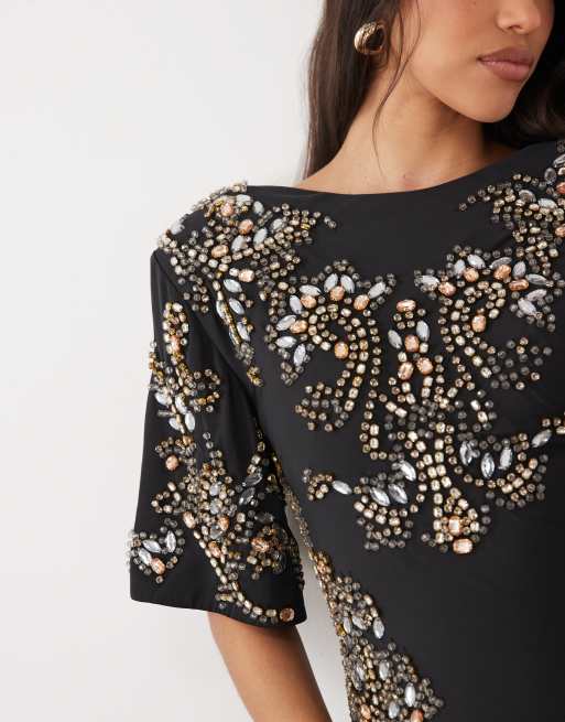 ASOS DESIGN mini shift dress with placement jewels in black, 3 of 4
