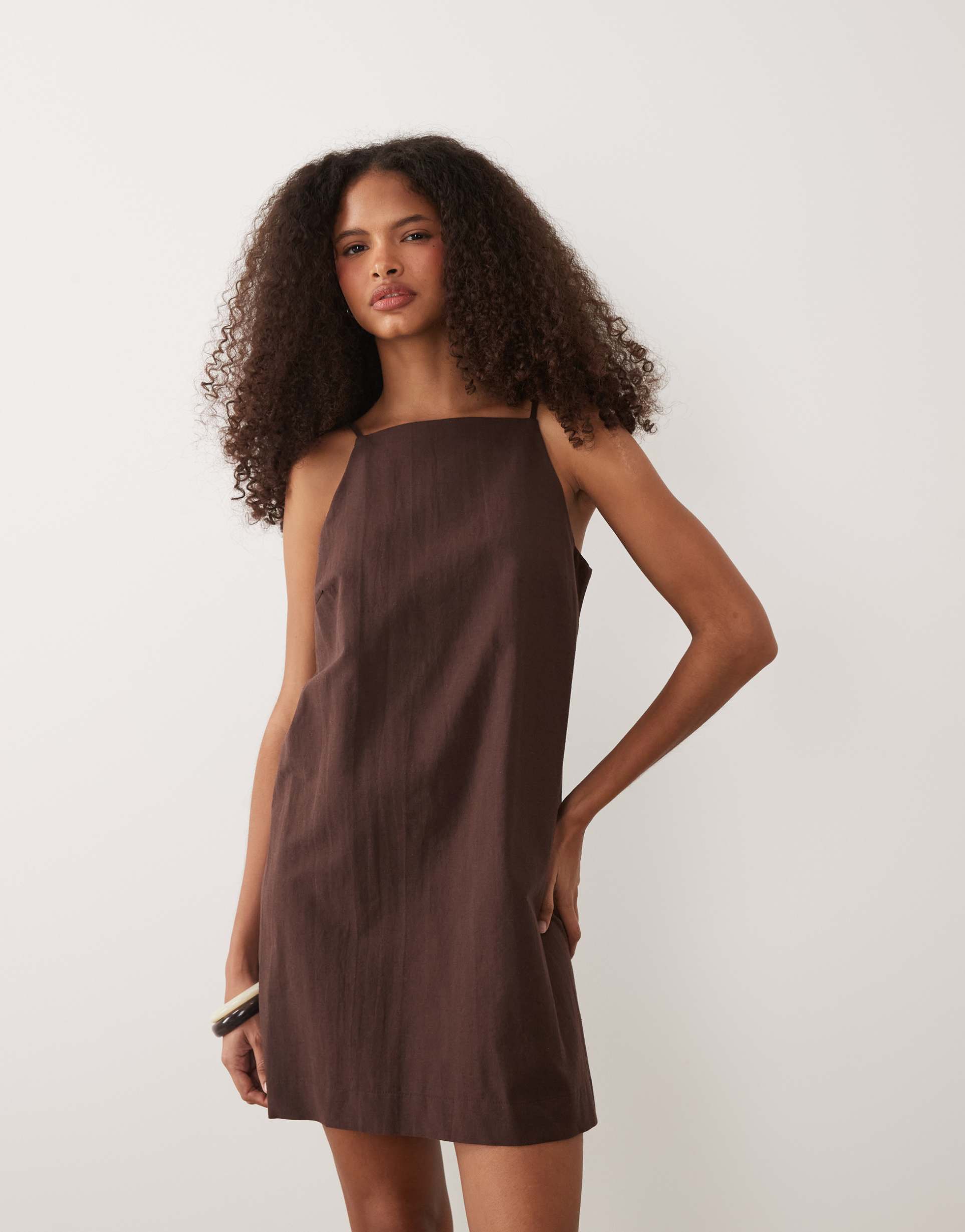 asos design mini shift linen blend dress in chocolate