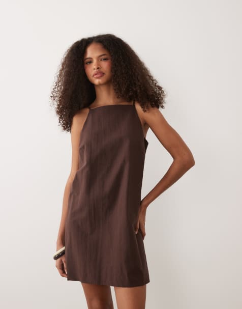 ASOS DESIGN mini shift linen dress in chocolate - view 1