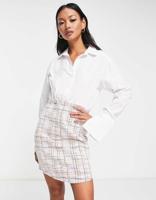 ASOS DESIGN mini shirt 2 in 1 dress with pink boucle skirt | ASOS