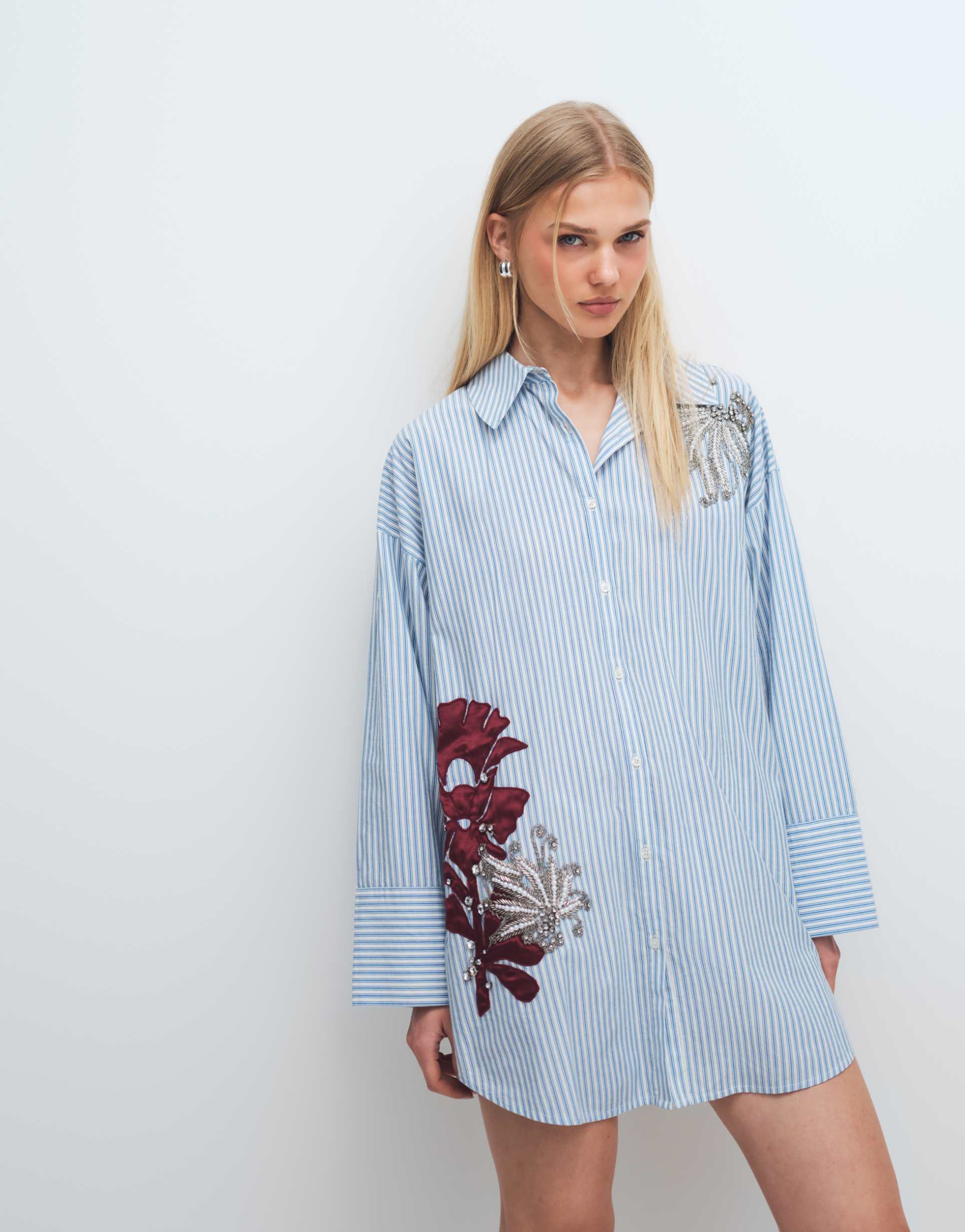 asos design mini shirt dress in blue stripes with floral embroidery