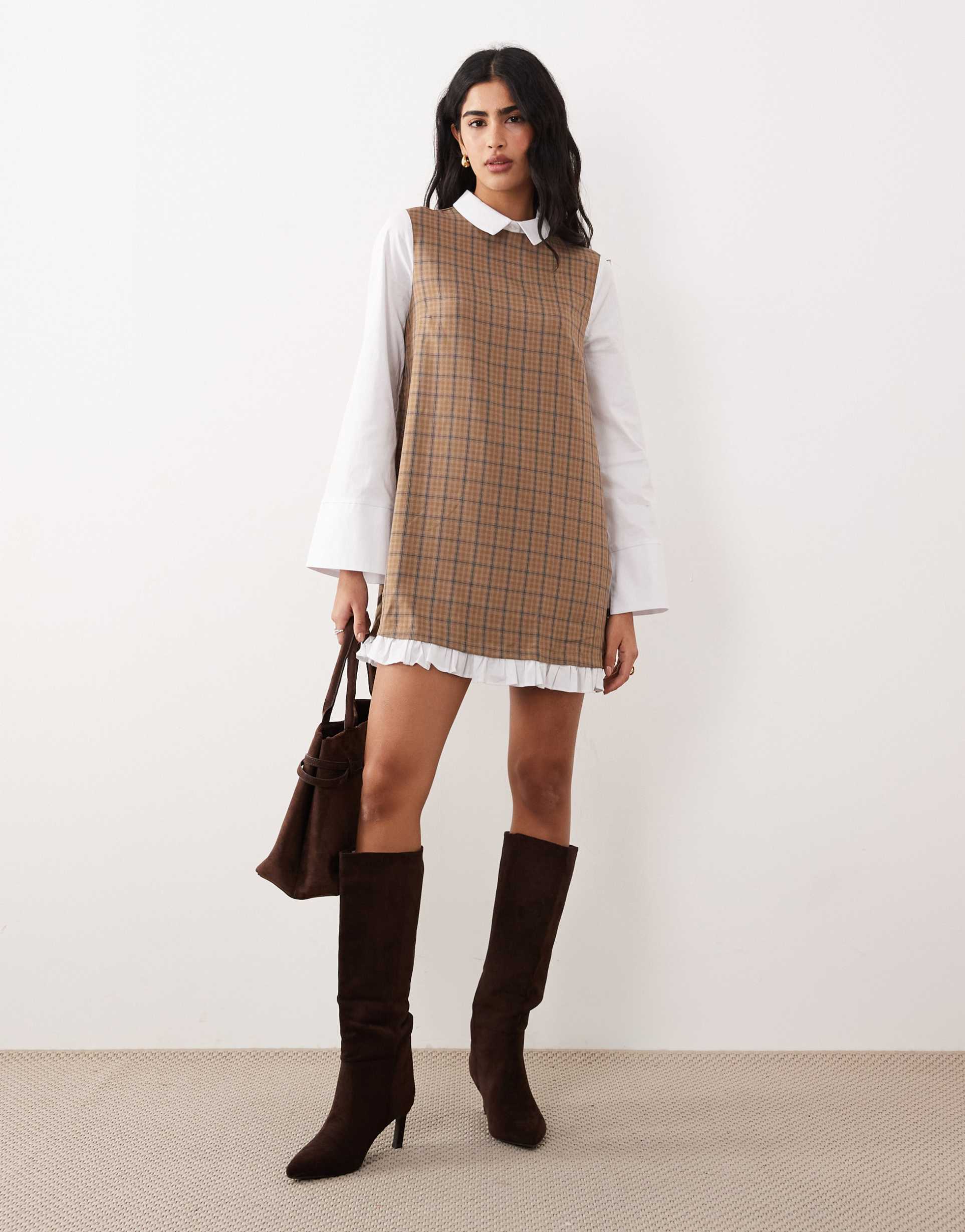 asos design mini shirt dress in plaid print with contrast frill hem