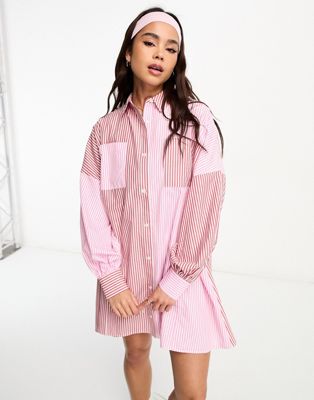 ASOS DESIGN mini shirt dress with balloon sleeves in pink and red stripe