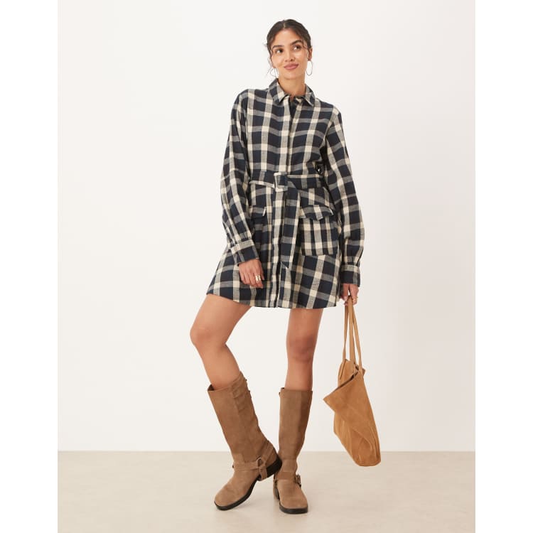 ASOS DESIGN mini shirt dress with belt in black and tan plaid | ASOS