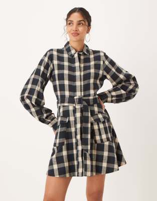 ASOS Design mini shirt dress with belt in Black and tan plaid-Multi
