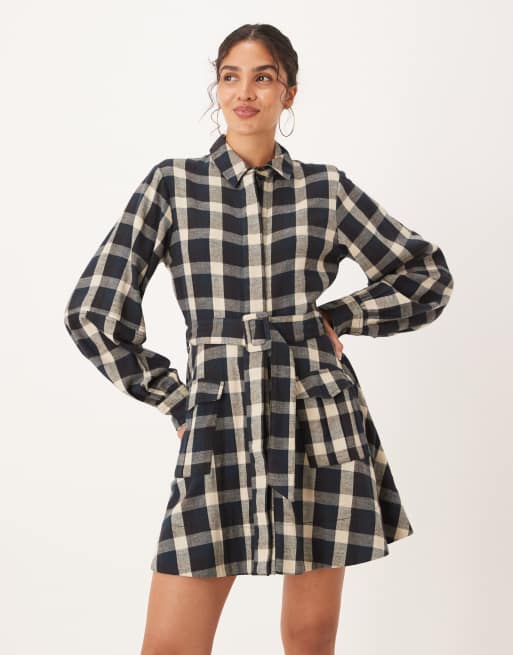 ASOS DESIGN mini shirt dress with belt in black and tan plaid ASOS