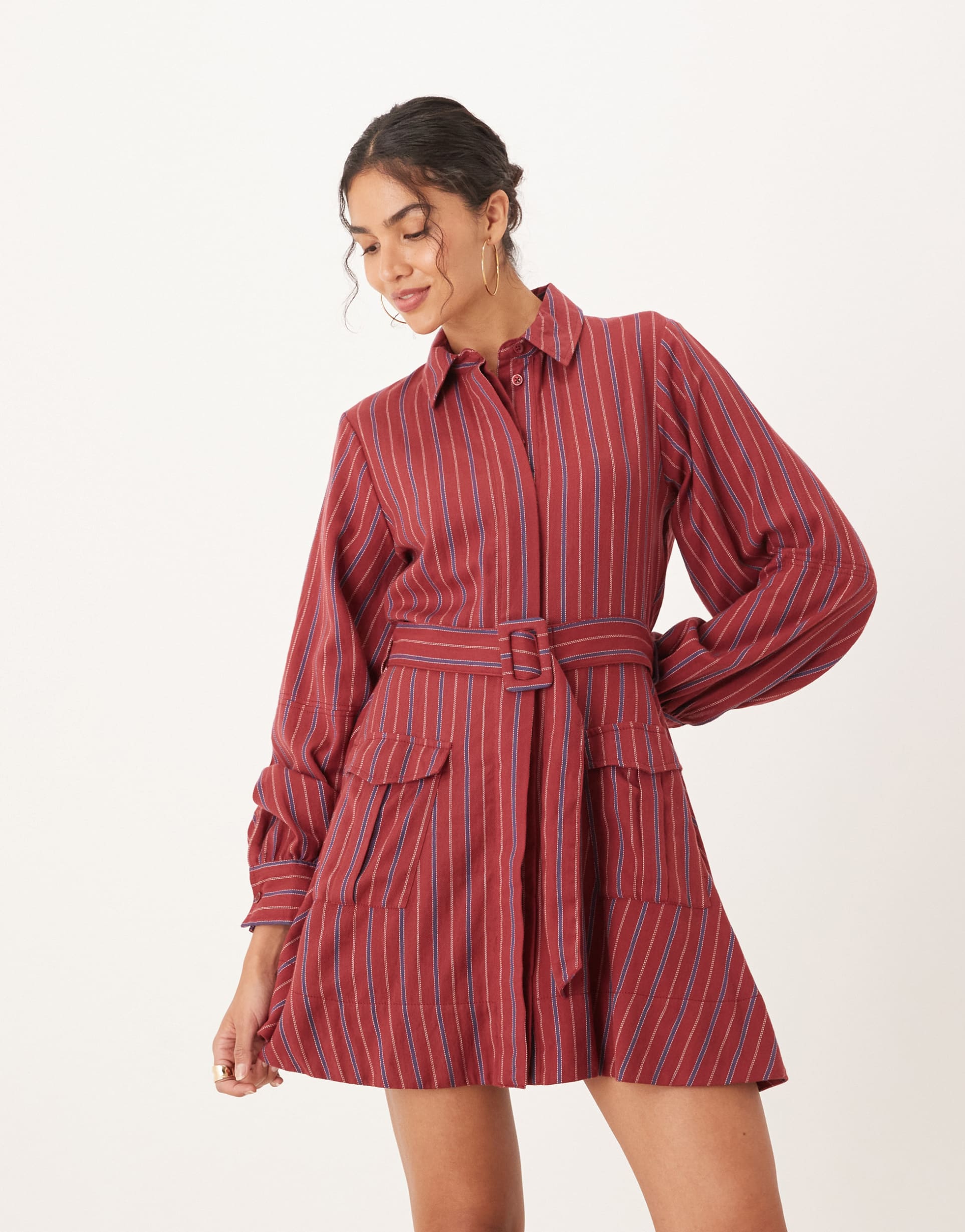 asos design mini shirt dress with belt in deep berry stripe