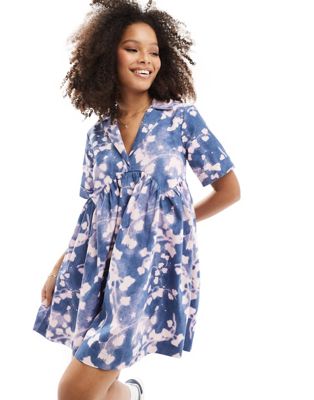 Asos Design Mini Shirt Dress With Camp Collar And Corset Hem In Blue Abstract Print-multi