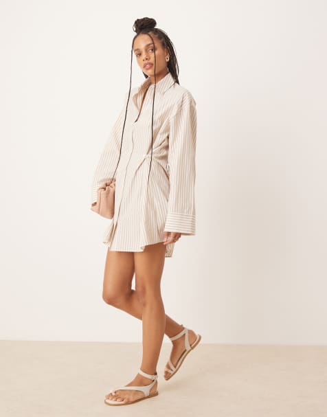 ASOS DESIGN mini shirt dress with cinched waist and button detail in sand stripe - view 1