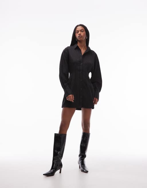 ASOS DESIGN mini shirt dress with cinched waist in black pinstripe, 2 of 4