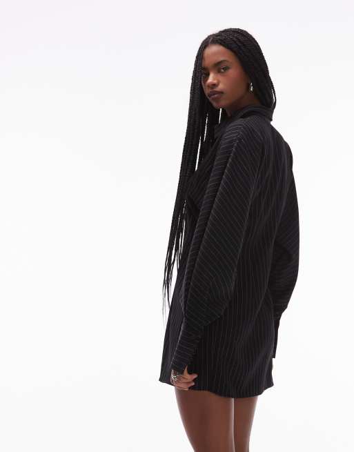 ASOS DESIGN mini shirt dress with cinched waist in black pinstripe, 4 of 4