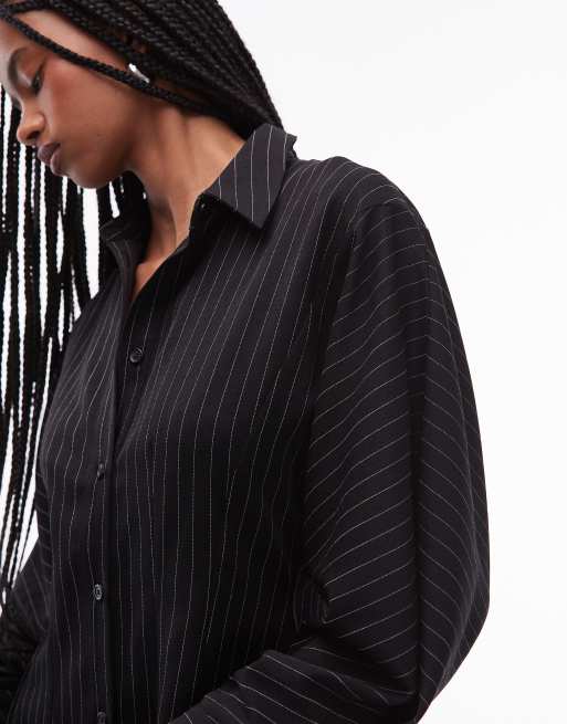 ASOS DESIGN mini shirt dress with cinched waist in black pinstripes, 3 of 4