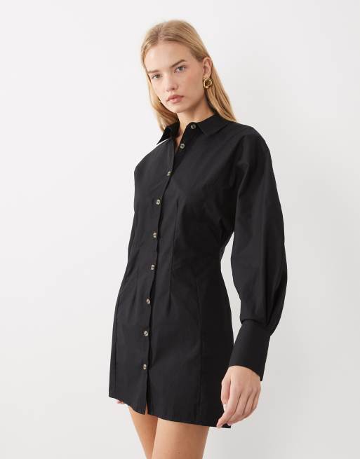 ASOS DESIGN mini shirt dress with cinched waist in black, 2 of 4